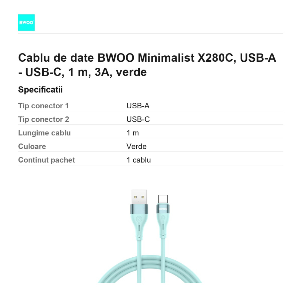 Cablu de date BWOO Minimalist X280C, USB-A - USB-C, 1 m, 3A, verde [3]