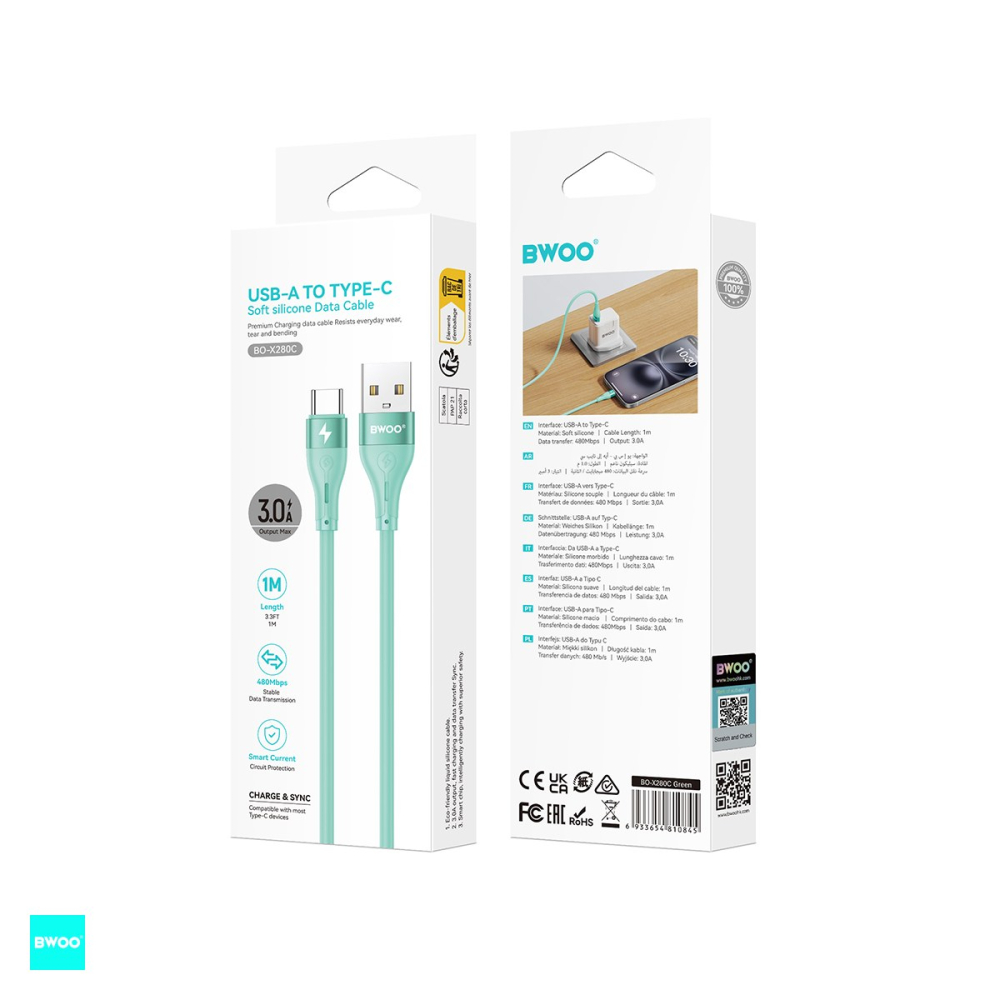 Cablu de date BWOO Minimalist X280C, USB-A - USB-C, 1 m, 3A, verde [5]
