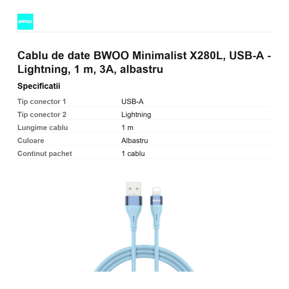 Cablu de date BWOO Minimalist X280L, USB-A - Lightning, 1 m, 3A, albastru [3]
