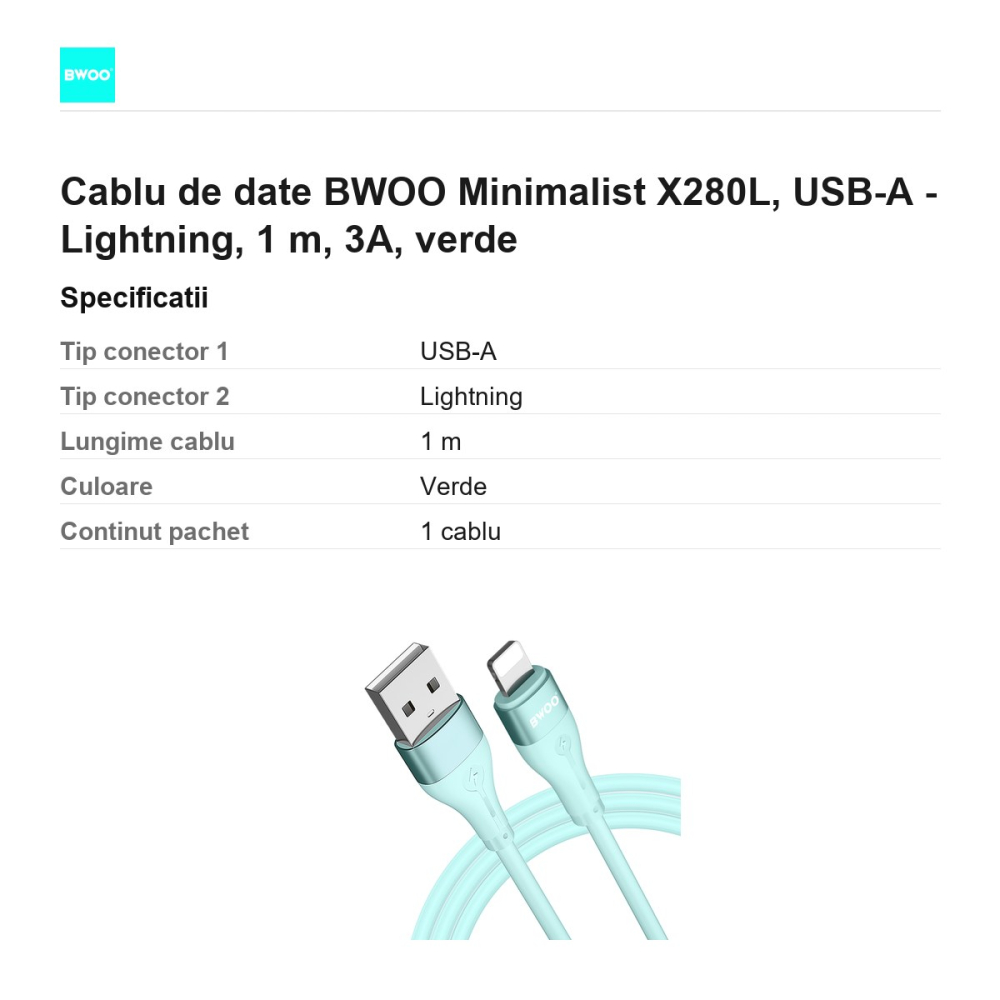 Cablu de date BWOO Minimalist X280L, USB-A - Lightning, 1 m, 3A, verde [3]