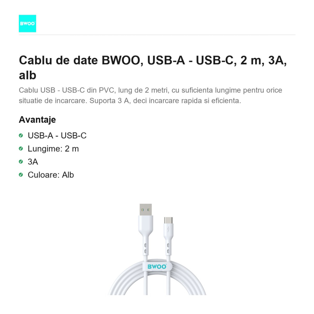 Cablu de date BWOO, USB-A - USB-C, 2 m, 3A, alb [2]