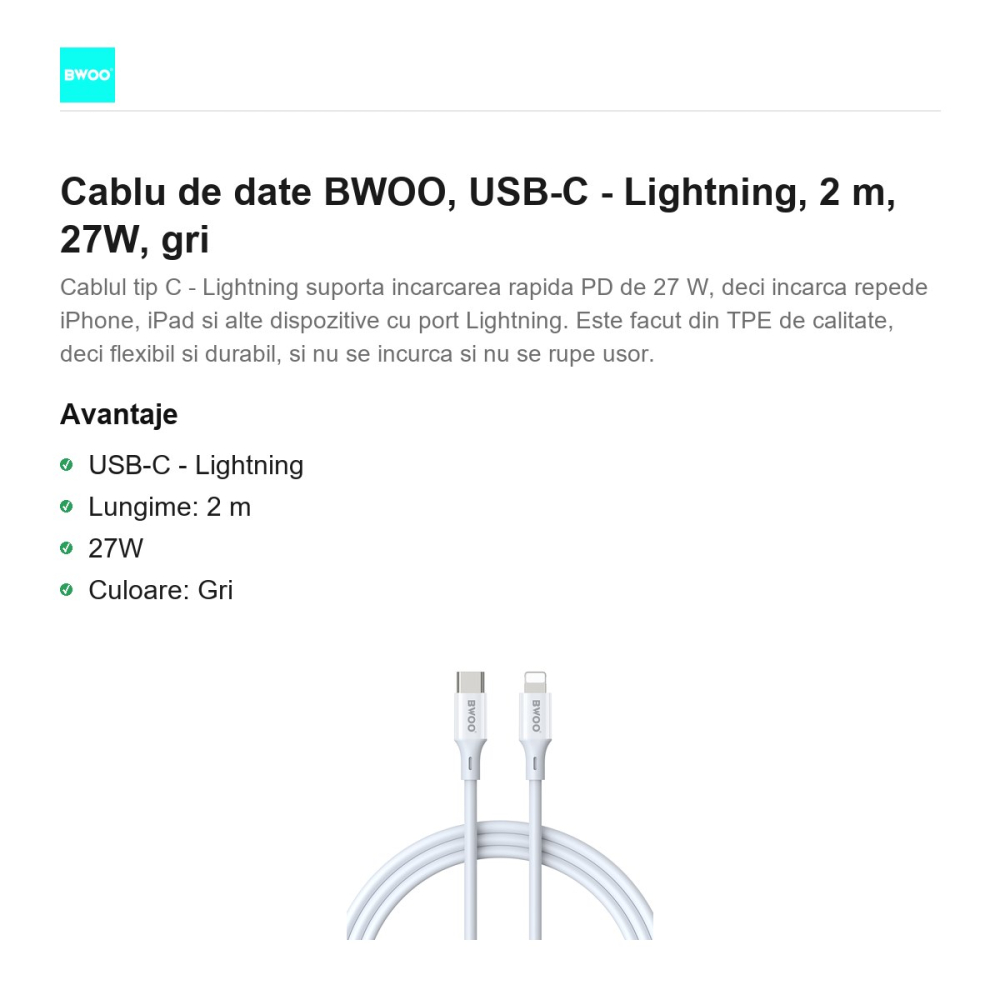 Cablu de date BWOO, USB-C - Lightning, 2 m, 27W, gri [2]