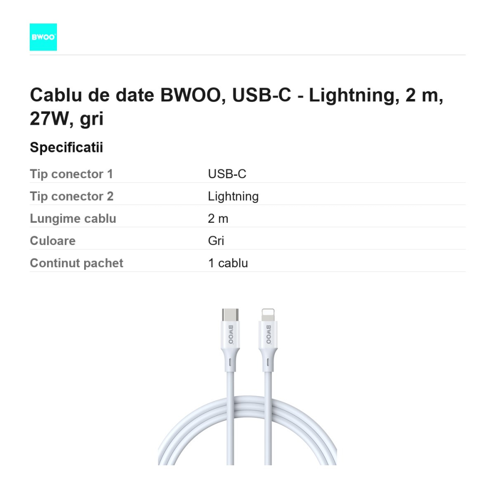 Cablu de date BWOO, USB-C - Lightning, 2 m, 27W, gri [3]
