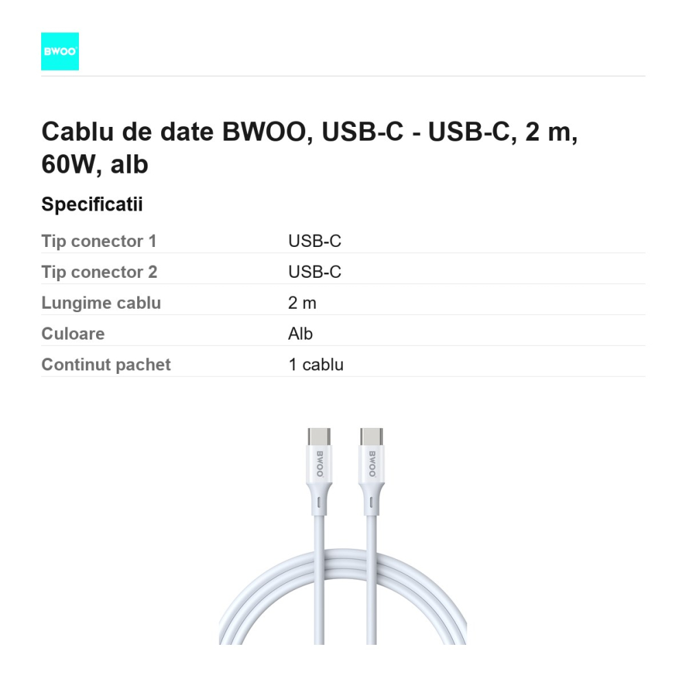 Cablu de date BWOO, USB-C - USB-C, 2 m, 60W, alb [3]