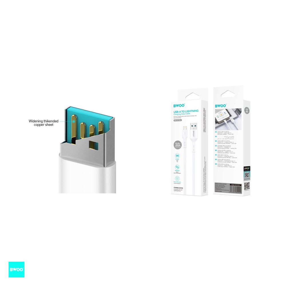 Cablu de date BWOO X172L, USB-A - Lightning, 1 m, 3A, alb [4]