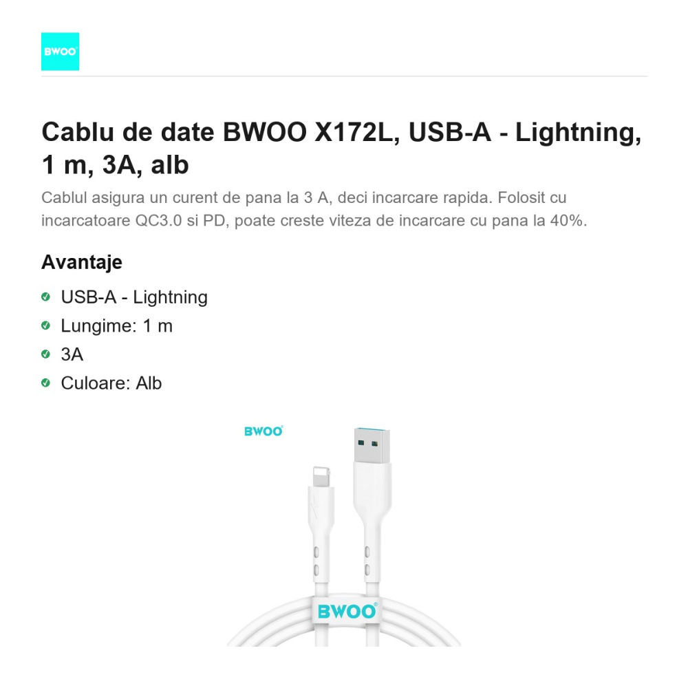 Cablu de date BWOO X172L, USB-A - Lightning, 1 m, 3A, alb [2]