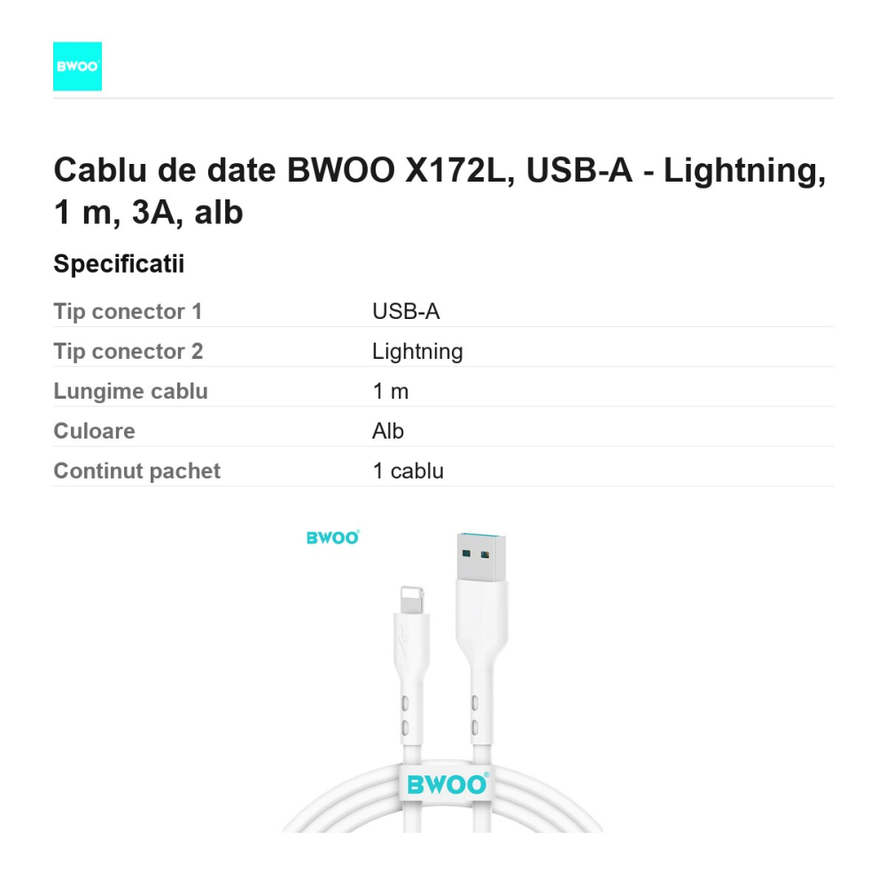 Cablu de date BWOO X172L, USB-A - Lightning, 1 m, 3A, alb [3]