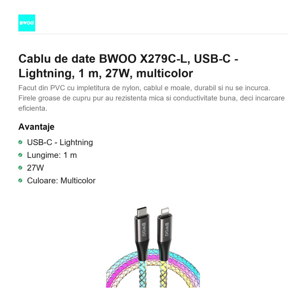 Cablu de date BWOO X279C-L, USB-C - Lightning, 1 m, 27W, multicolor [2]