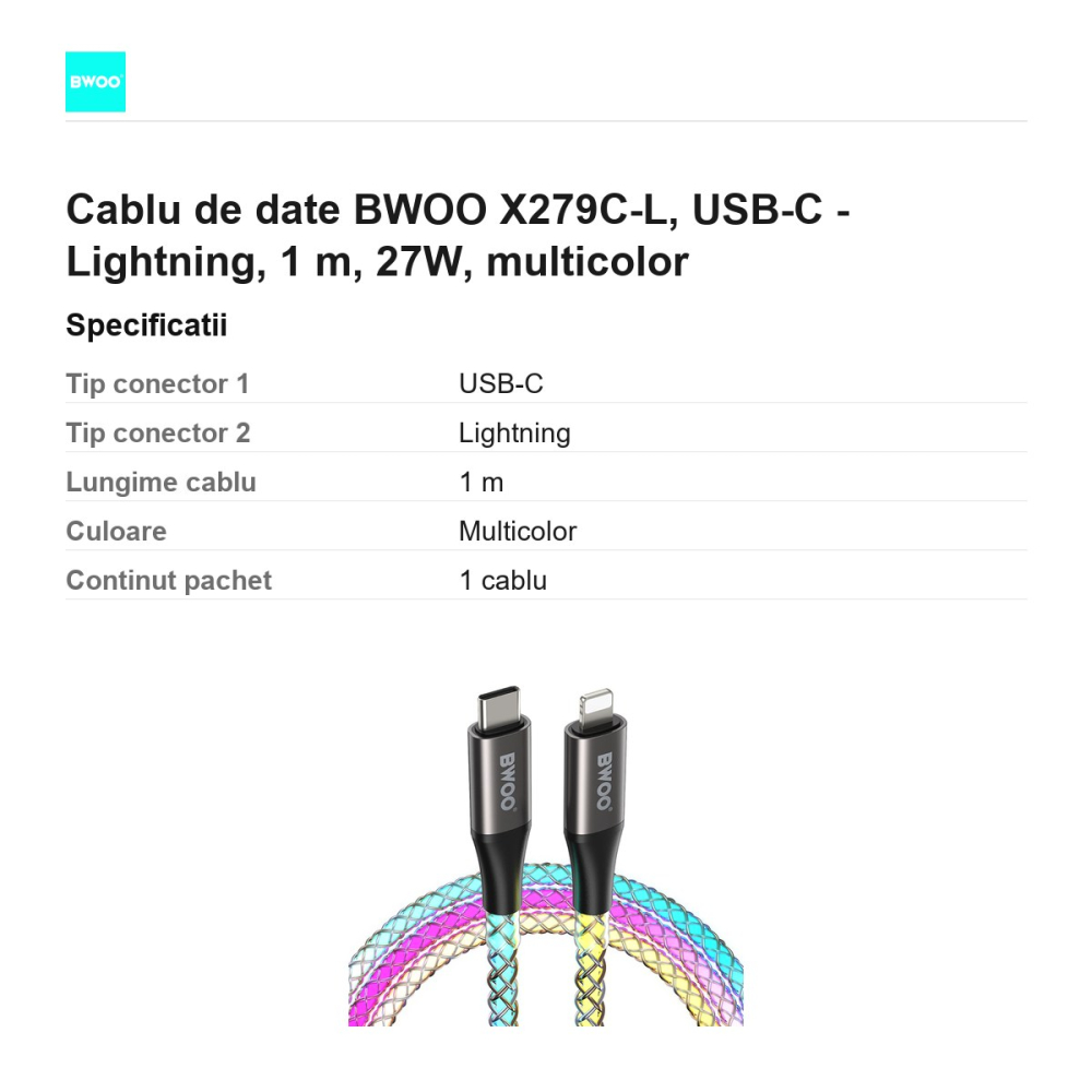 Cablu de date BWOO X279C-L, USB-C - Lightning, 1 m, 27W, multicolor [3]
