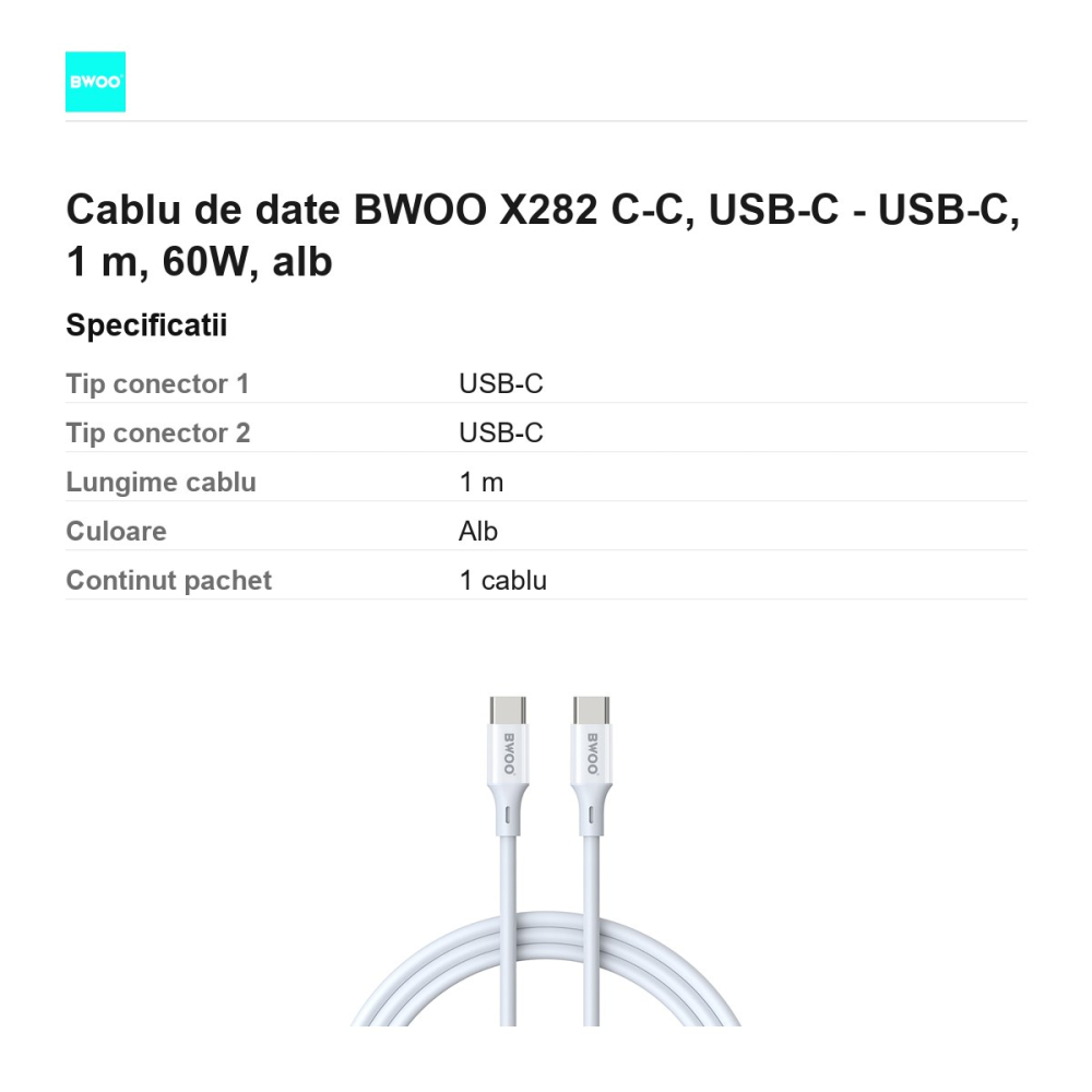 Cablu de date BWOO X282 C-C, USB-C - USB-C, 1 m, 60W, alb [3]