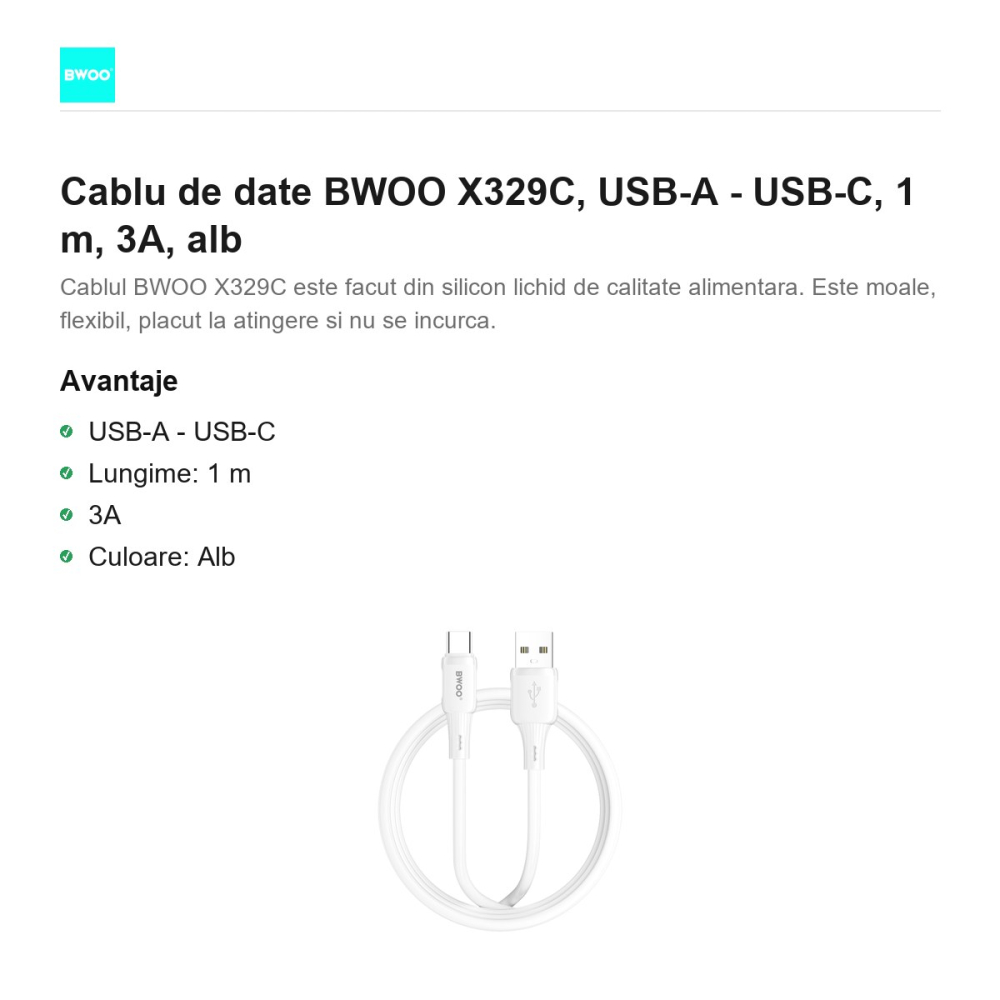 Cablu de date BWOO X329C, USB-A - USB-C, 1 m, 3A, alb [2]