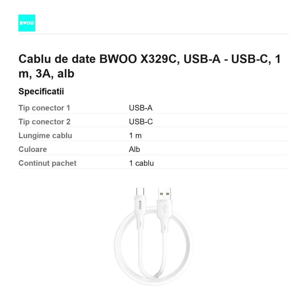 Cablu de date BWOO X329C, USB-A - USB-C, 1 m, 3A, alb [3]