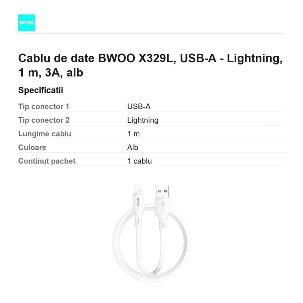 Cablu de date BWOO X329L, USB-A - Lightning, 1 m, 3A, alb [3]