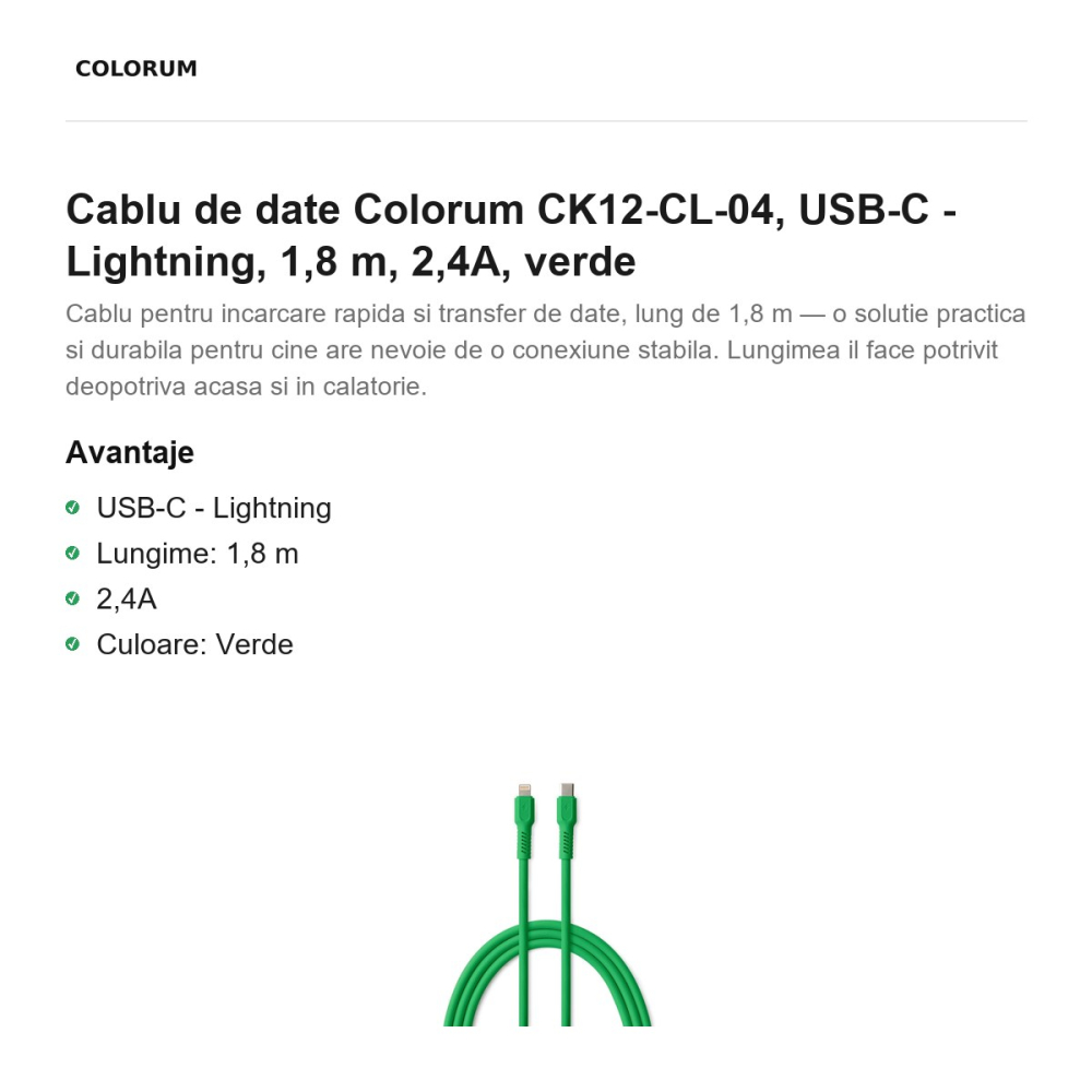 Cablu de date Colorum CK12-CL-04, USB-C - Lightning, 1,8 m, 2,4A, verde [2]
