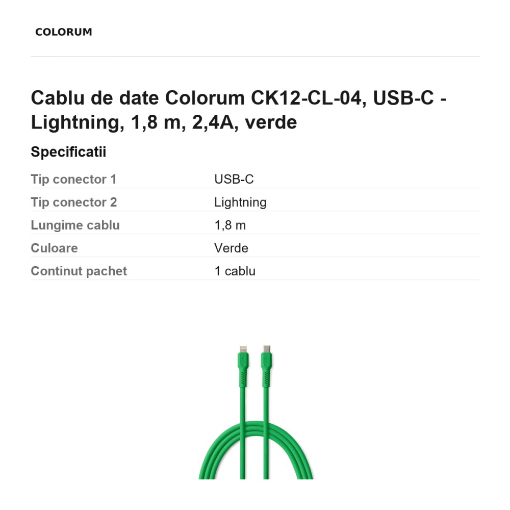 Cablu de date Colorum CK12-CL-04, USB-C - Lightning, 1,8 m, 2,4A, verde [3]