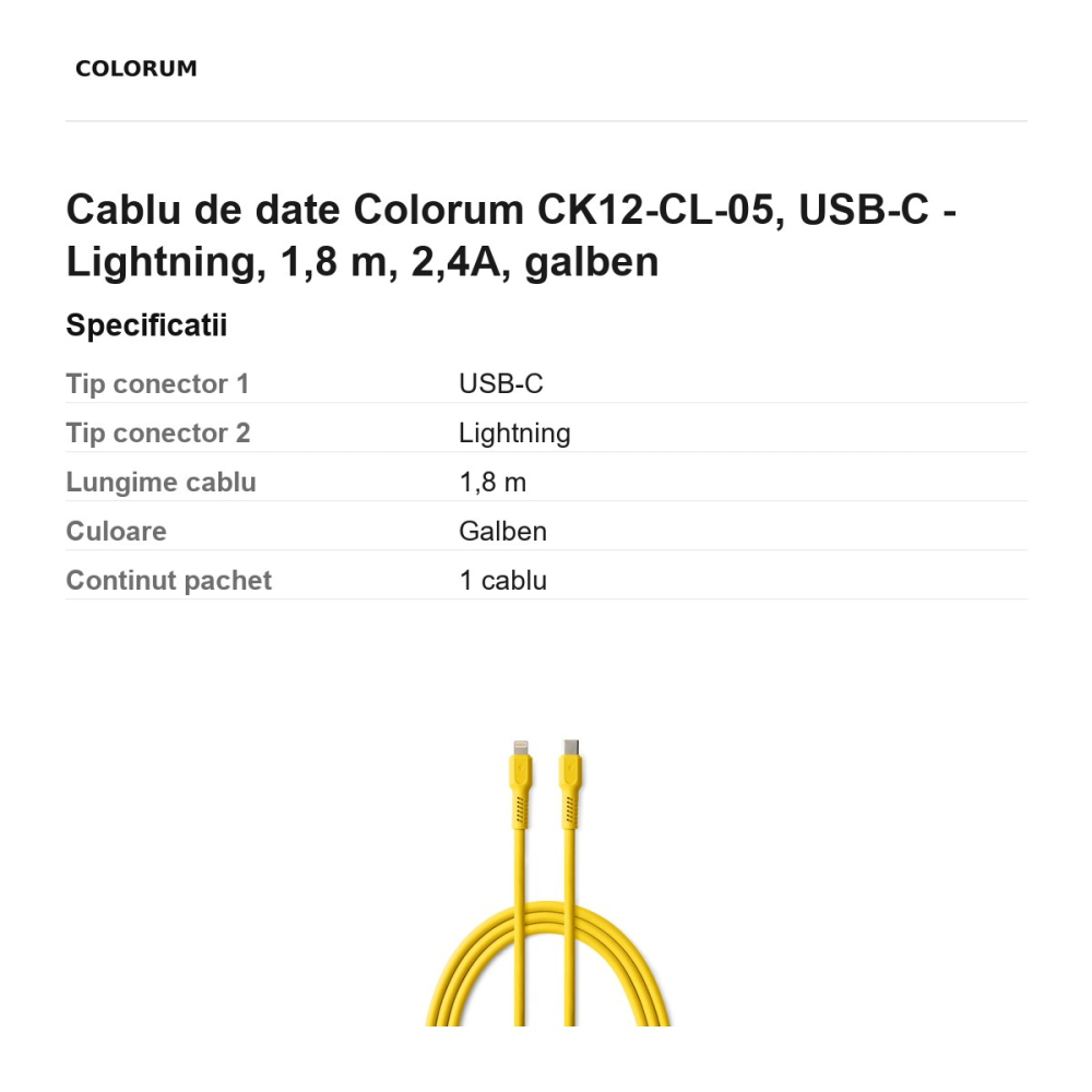 Cablu de date Colorum CK12-CL-05, USB-C - Lightning, 1,8 m, 2,4A, galben [3]