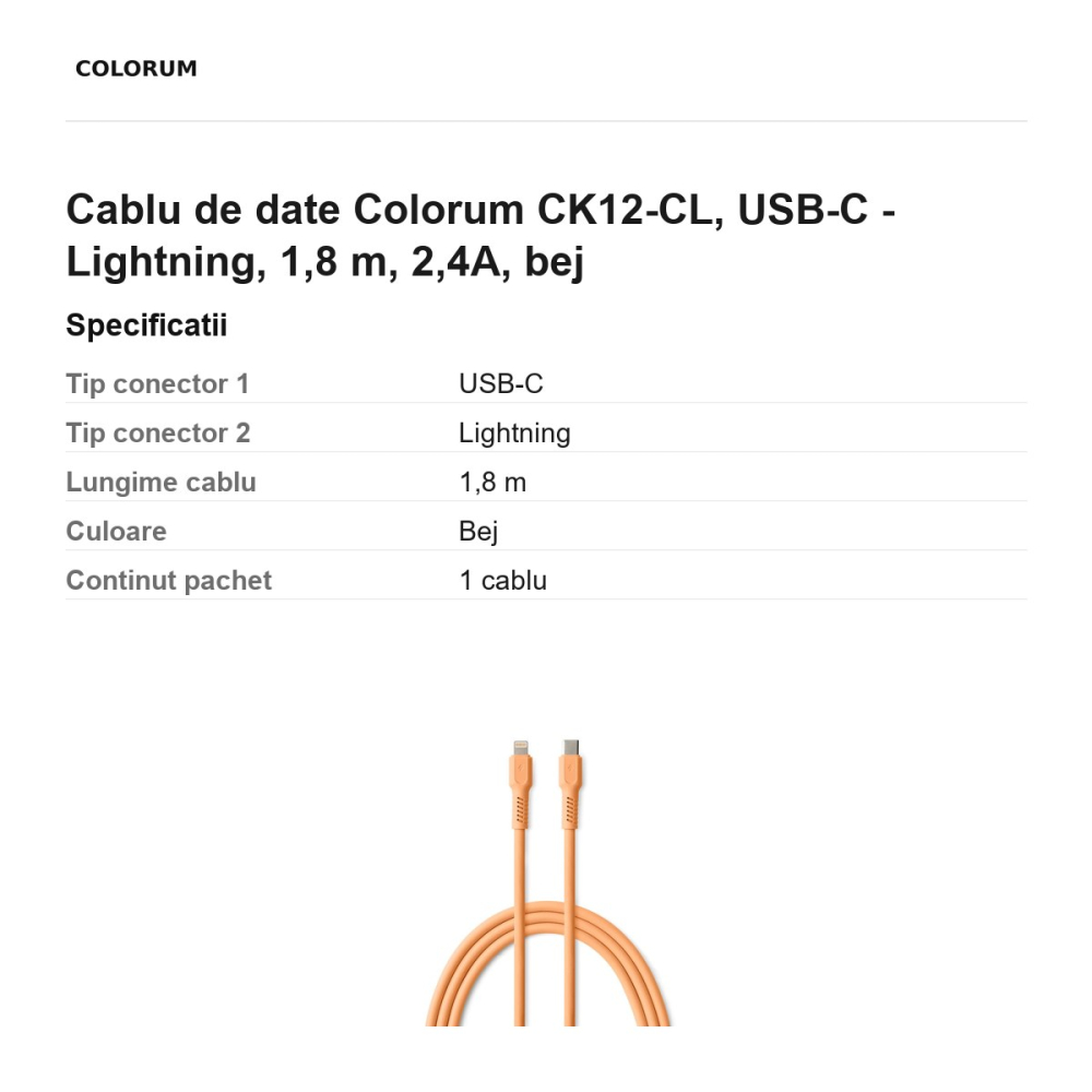 Cablu de date Colorum CK12-CL, USB-C - Lightning, 1,8 m, 2,4A, bej [3]