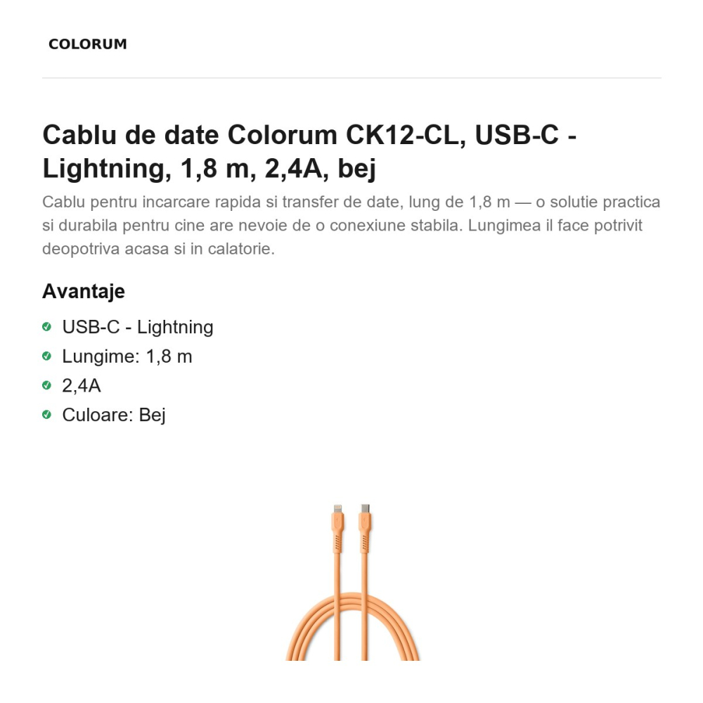 Cablu de date Colorum CK12-CL, USB-C - Lightning, 1,8 m, 2,4A, bej [2]