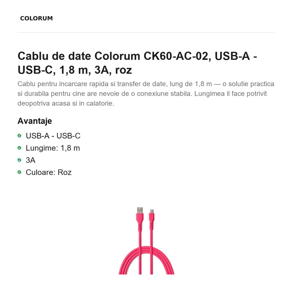 Cablu de date Colorum CK60-AC-02, USB-A - USB-C, 1,8 m, 3A, roz [2]