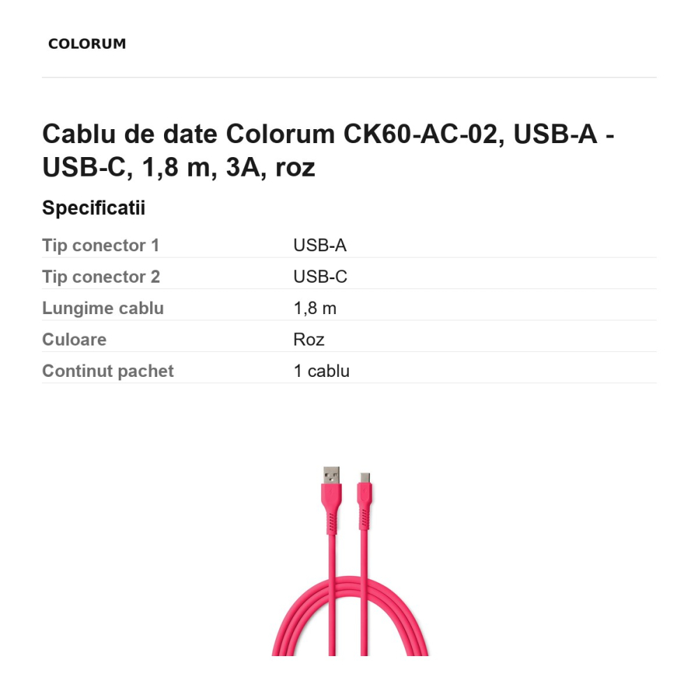 Cablu de date Colorum CK60-AC-02, USB-A - USB-C, 1,8 m, 3A, roz [3]