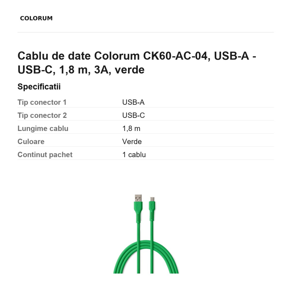 Cablu de date Colorum CK60-AC-04, USB-A - USB-C, 1,8 m, 3A, verde [3]