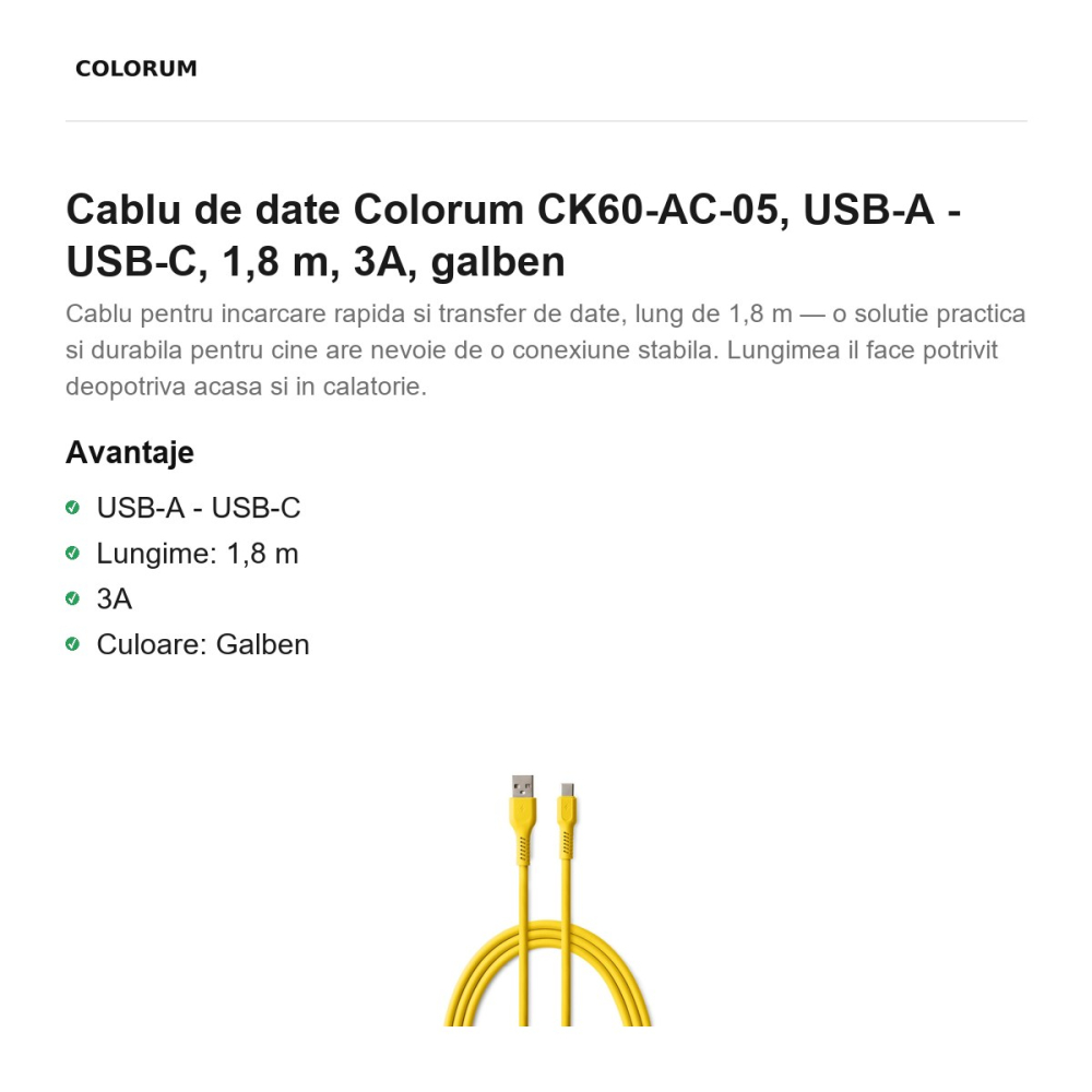 Cablu de date Colorum CK60-AC-05, USB-A - USB-C, 1,8 m, 3A, galben [2]
