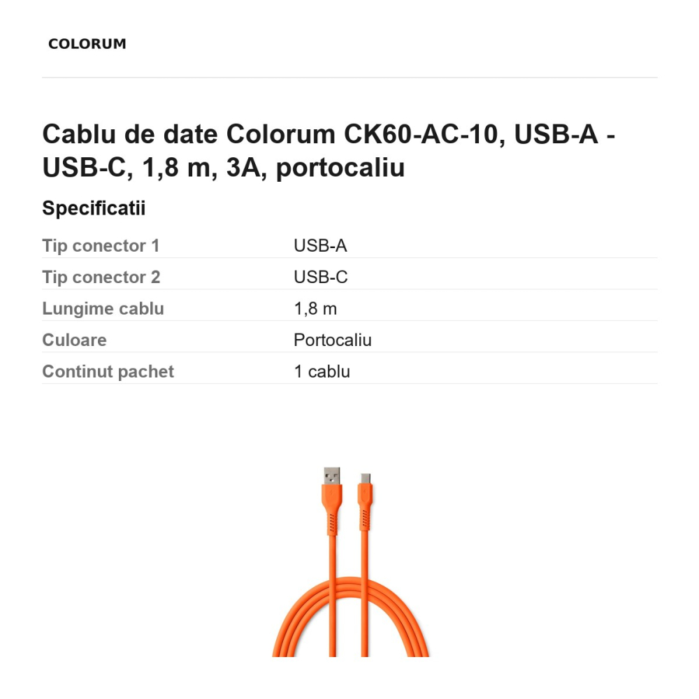 Cablu de date Colorum CK60-AC-10, USB-A - USB-C, 1,8 m, 3A, portocaliu [3]