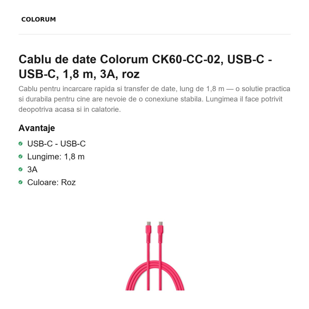 Cablu de date Colorum CK60-CC-02, USB-C - USB-C, 1,8 m, 3A, roz [2]