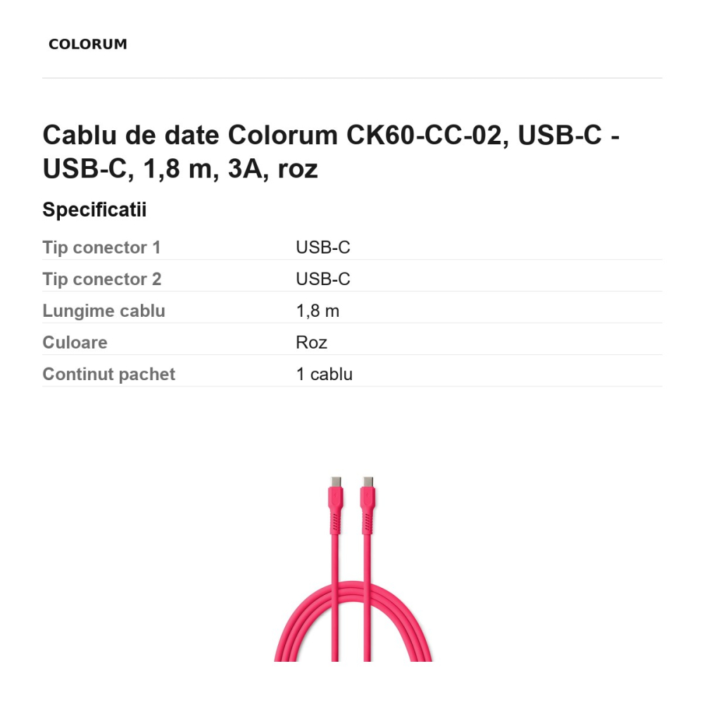 Cablu de date Colorum CK60-CC-02, USB-C - USB-C, 1,8 m, 3A, roz [3]