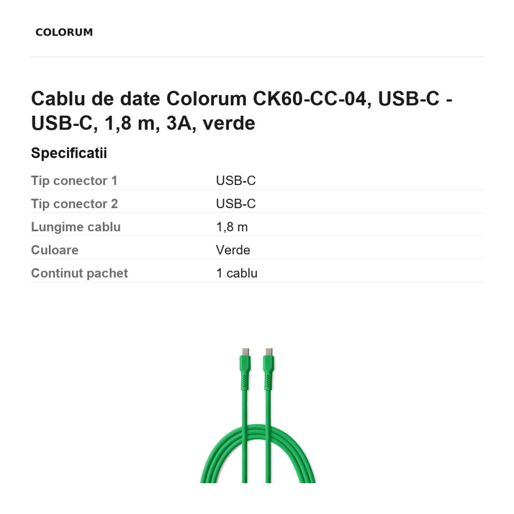 Cablu de date Colorum CK60-CC-04, USB-C - USB-C, 1,8 m, 3A, verde [3]