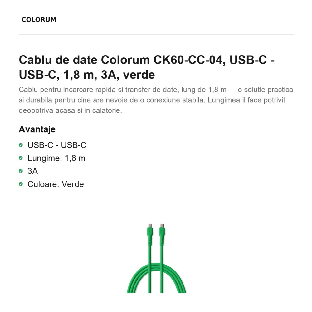 Cablu de date Colorum CK60-CC-04, USB-C - USB-C, 1,8 m, 3A, verde [2]
