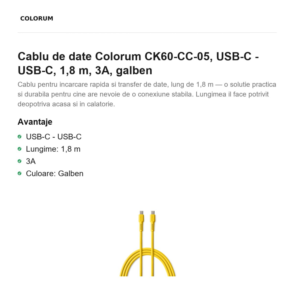Cablu de date Colorum CK60-CC-05, USB-C - USB-C, 1,8 m, 3A, galben [2]