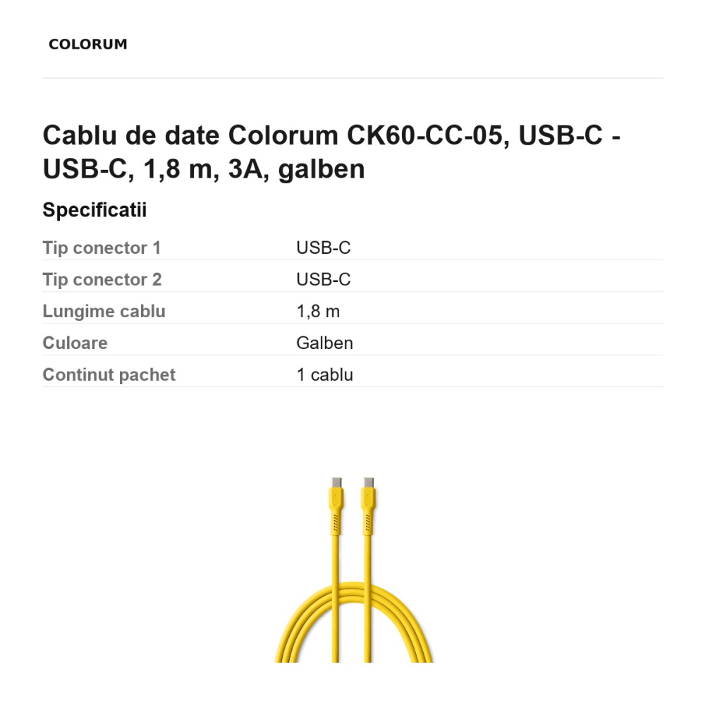 Cablu de date Colorum CK60-CC-05, USB-C - USB-C, 1,8 m, 3A, galben [3]