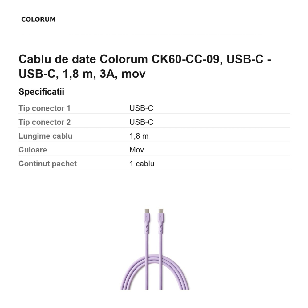 Cablu de date Colorum CK60-CC-09, USB-C - USB-C, 1,8 m, 3A, mov [3]