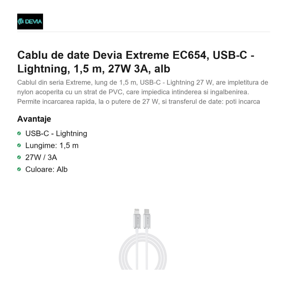 Cablu de date Devia Extreme EC654, USB-C - Lightning, 1,5 m, 27W 3A, alb [2]