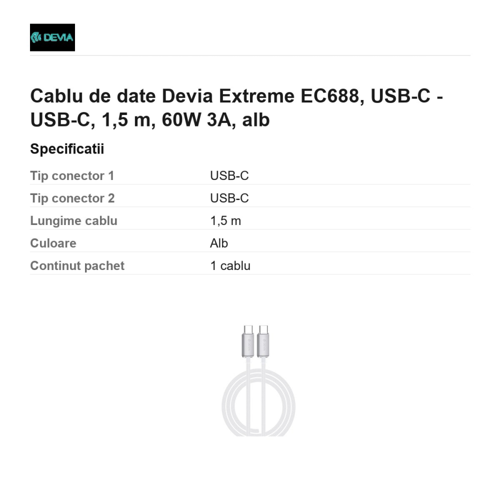 Cablu de date Devia Extreme EC688, USB-C - USB-C, 1,5 m, 60W 3A, alb [3]