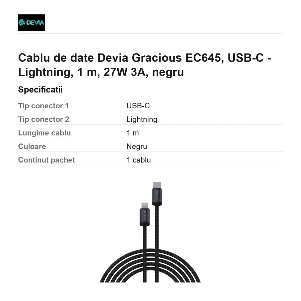 Cablu de date Devia Gracious EC645, USB-C - Lightning, 1 m, 27W 3A, negru [3]