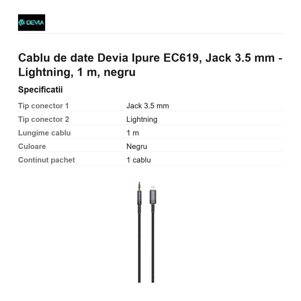 Cablu de date Devia Ipure EC619, Jack 3.5 mm - Lightning, 1 m, negru [3]