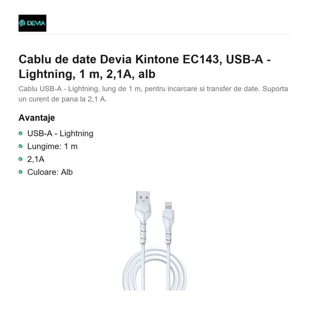 Cablu de date Devia Kintone EC143, USB-A - Lightning, 1 m, 2,1A, alb [2]