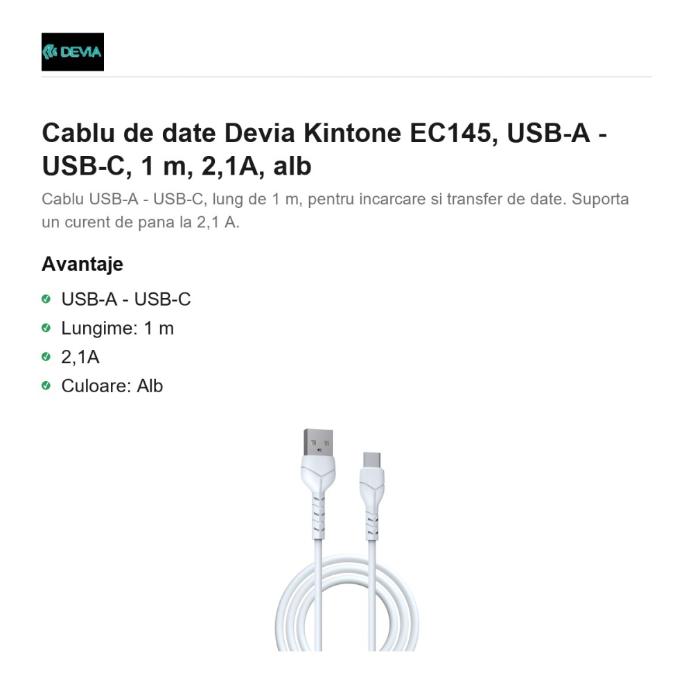 Cablu de date Devia Kintone EC145, USB-A - USB-C, 1 m, 2,1A, alb [2]