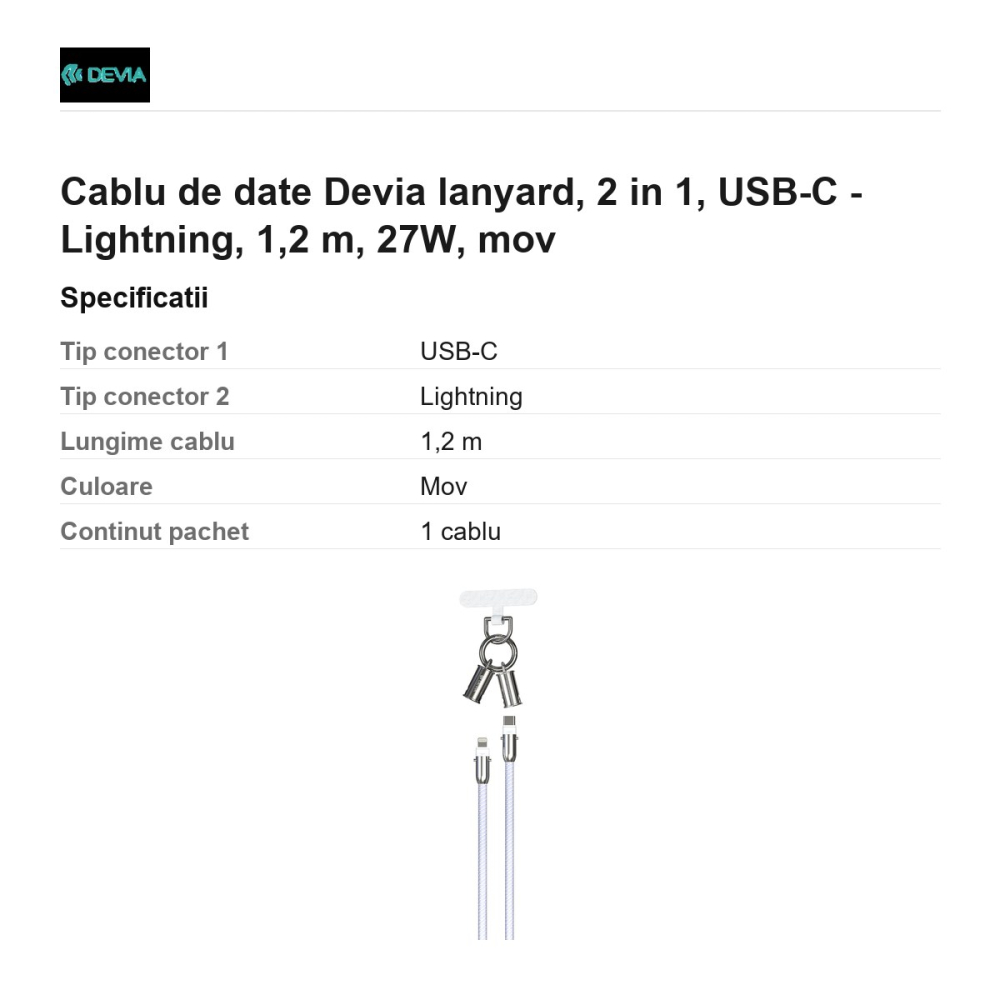 Cablu de date Devia lanyard, 2 in 1, USB-C - Lightning, 1,2 m, 27W, mov [3]