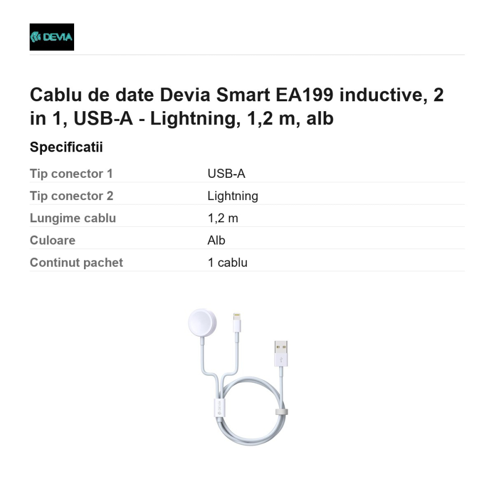 Cablu de date Devia Smart EA199 inductive, 2 in 1, USB-A - Lightning, 1,2 m, alb [3]