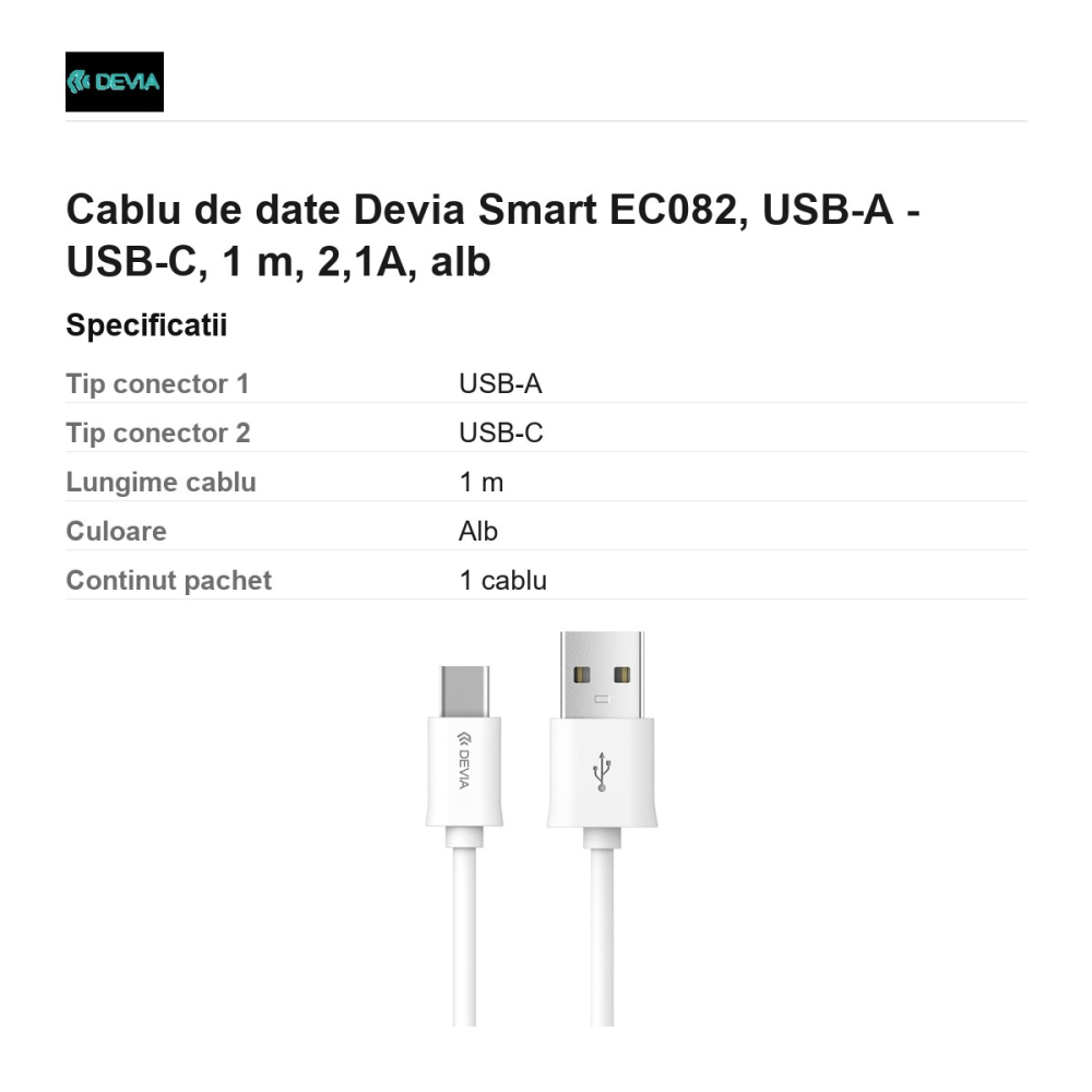 Cablu de date Devia Smart EC082, USB-A - USB-C, 1 m, 2,1A, alb [3]
