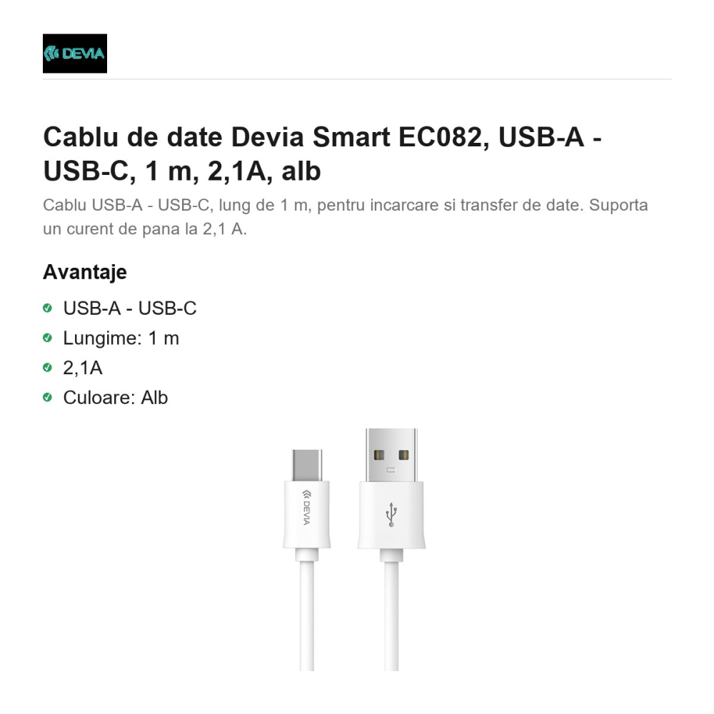 Cablu de date Devia Smart EC082, USB-A - USB-C, 1 m, 2,1A, alb [2]