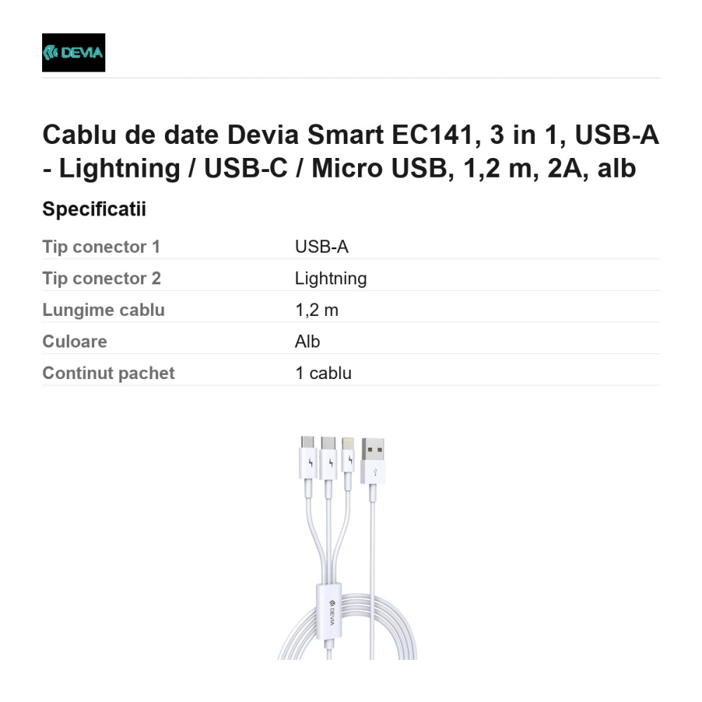 Cablu de date Devia Smart EC141, 3 in 1, USB-A - Lightning / USB-C / Micro USB, 1,2 m, 2A, alb [3]