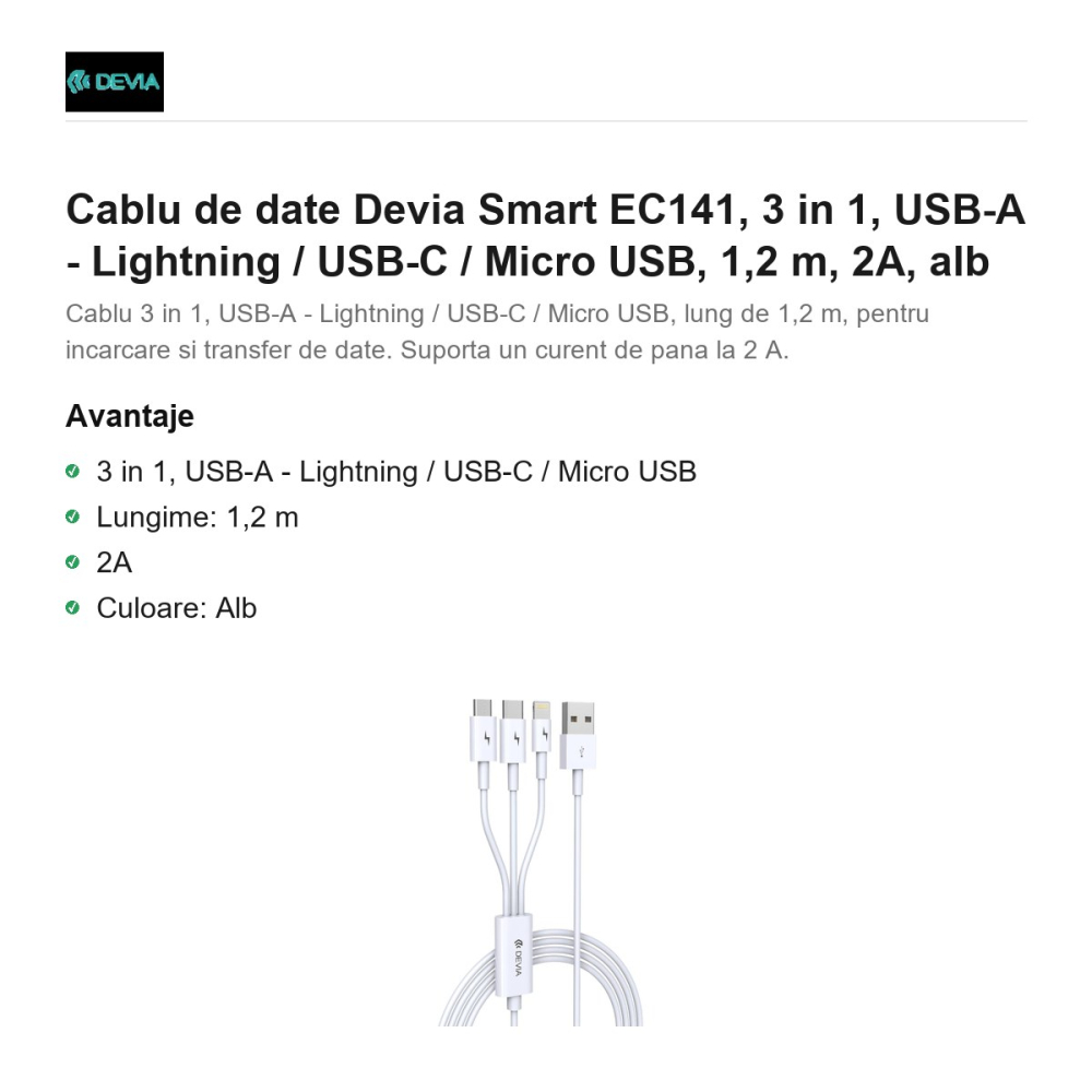 Cablu de date Devia Smart EC141, 3 in 1, USB-A - Lightning / USB-C / Micro USB, 1,2 m, 2A, alb [2]