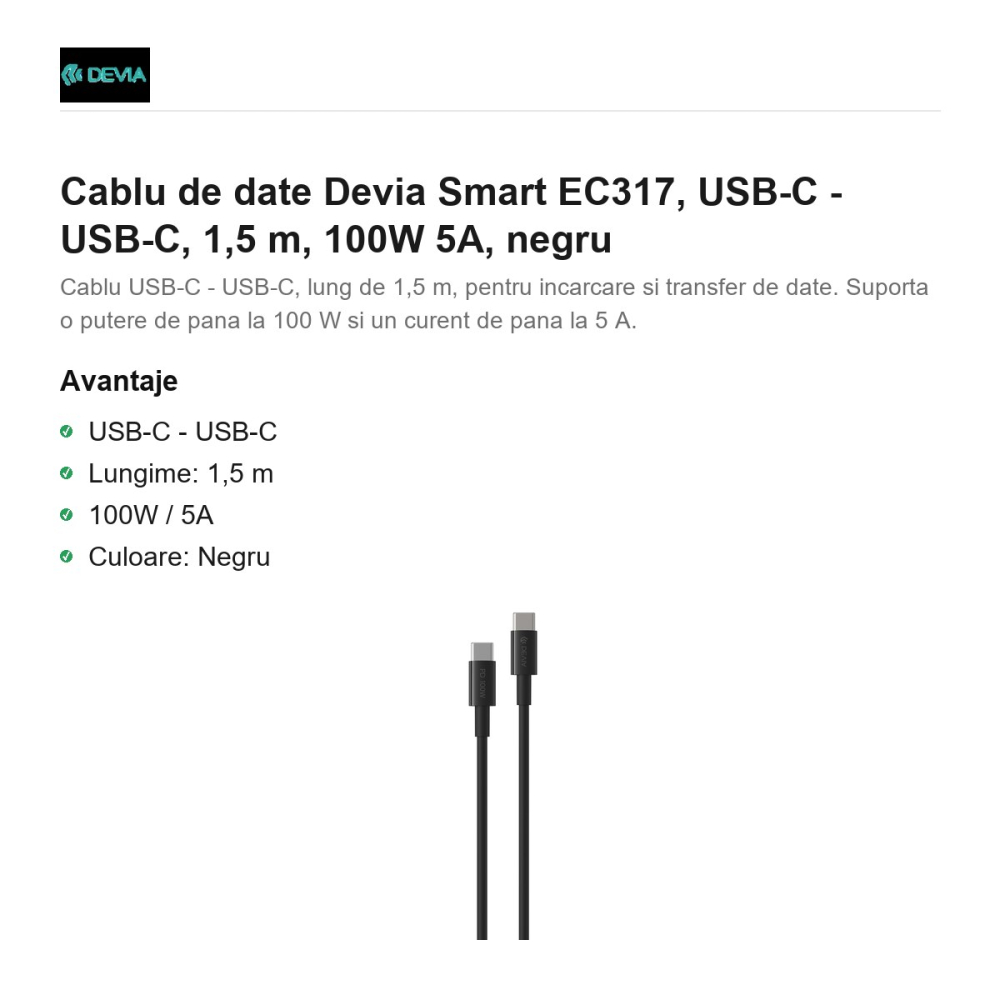 Cablu de date Devia Smart EC317, USB-C - USB-C, 1,5 m, 100W 5A, negru [2]
