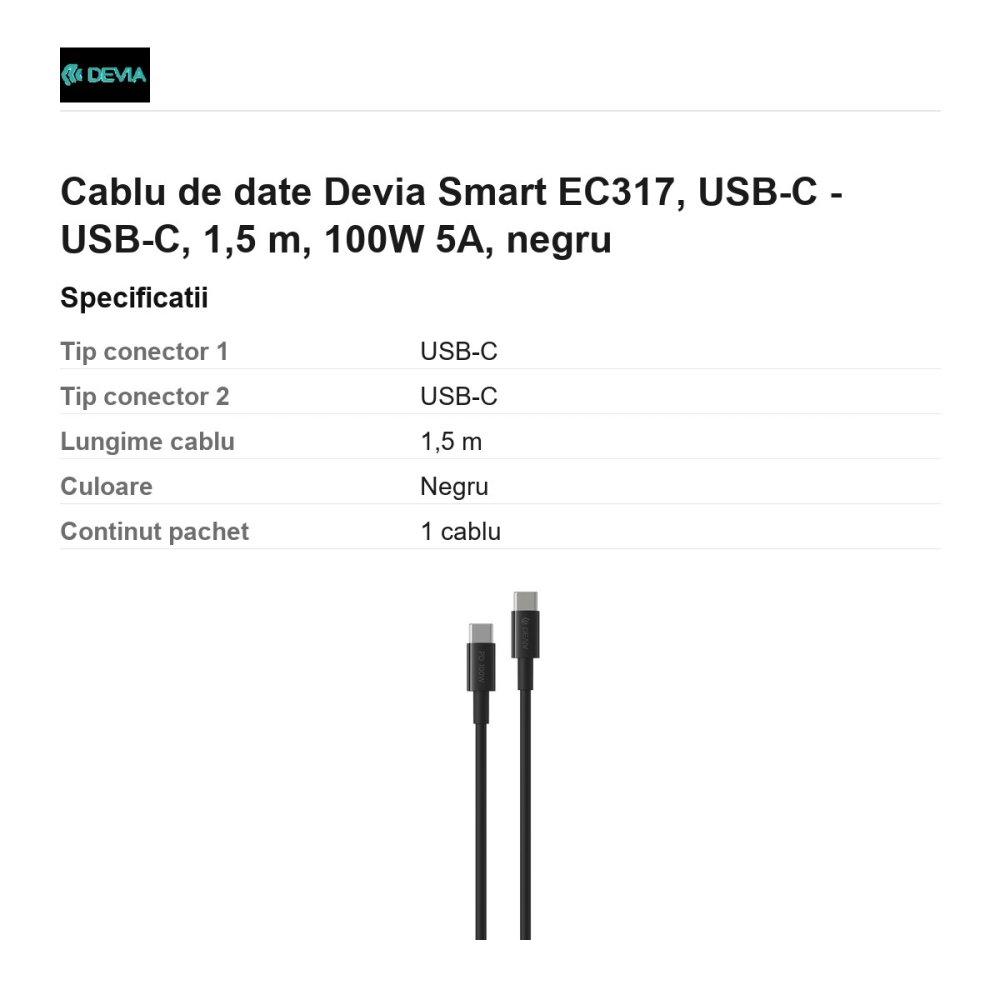 Cablu de date Devia Smart EC317, USB-C - USB-C, 1,5 m, 100W 5A, negru [3]