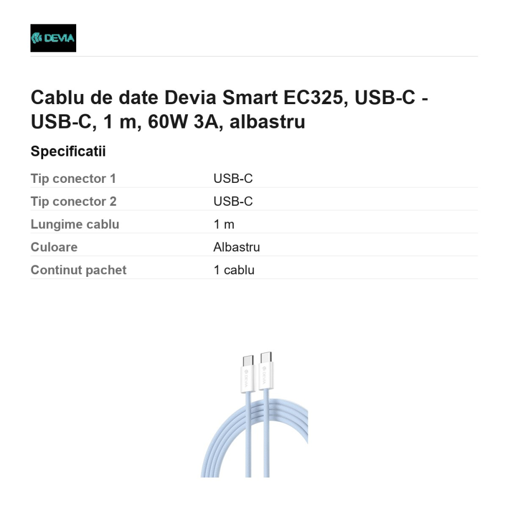 Cablu de date Devia Smart EC325, USB-C - USB-C, 1 m, 60W 3A, albastru [3]