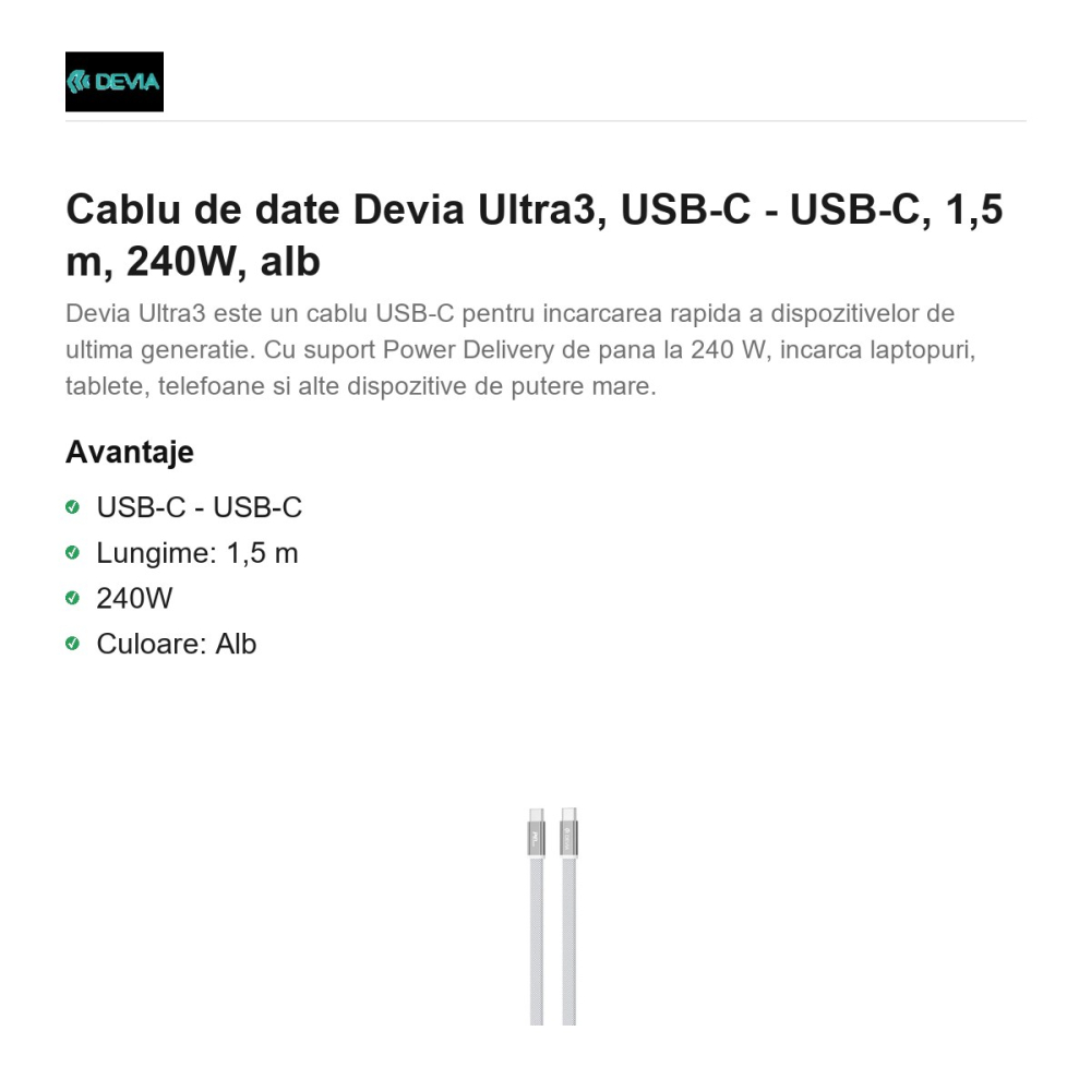 Cablu de date Devia Ultra3, USB-C - USB-C, 1,5 m, 240W, alb [2]